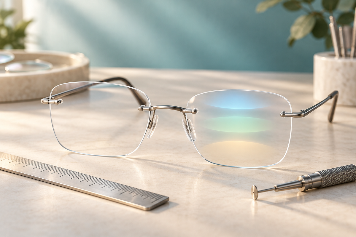 Editorial illustration of rimless glasses with three softly colored viewing zones, a ruler, and an optical fitting tool.