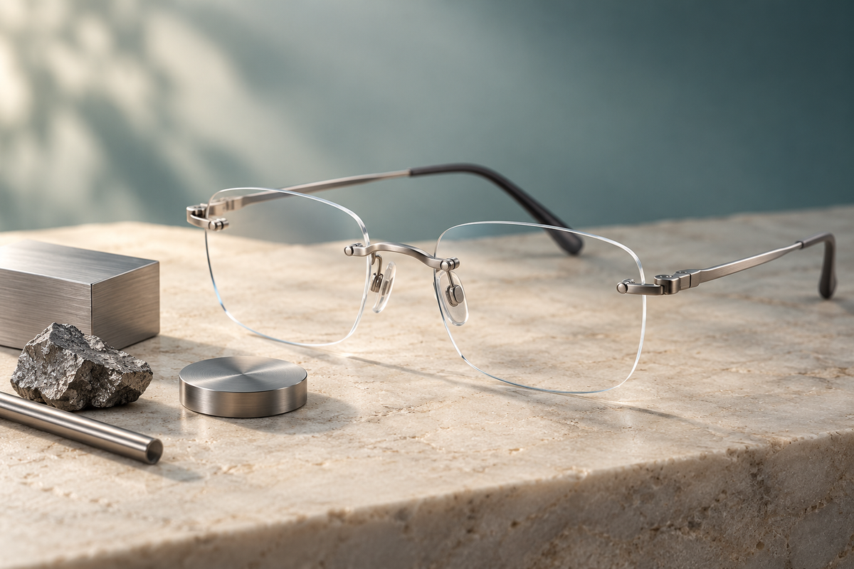 Editorial illustration of titanium rimless glasses beside brushed metal material samples.