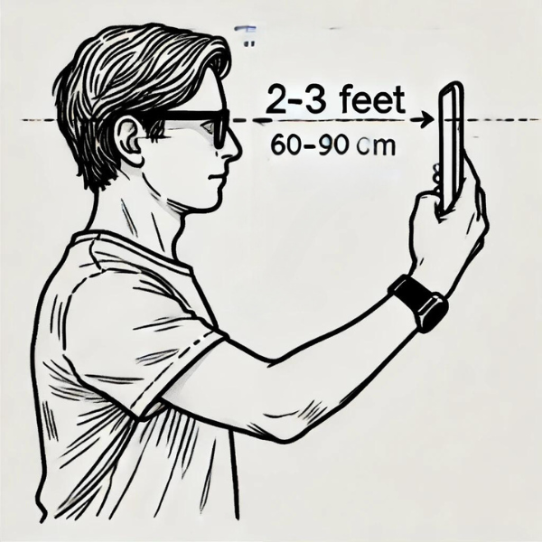 Camera held directly in front of the face at eye level