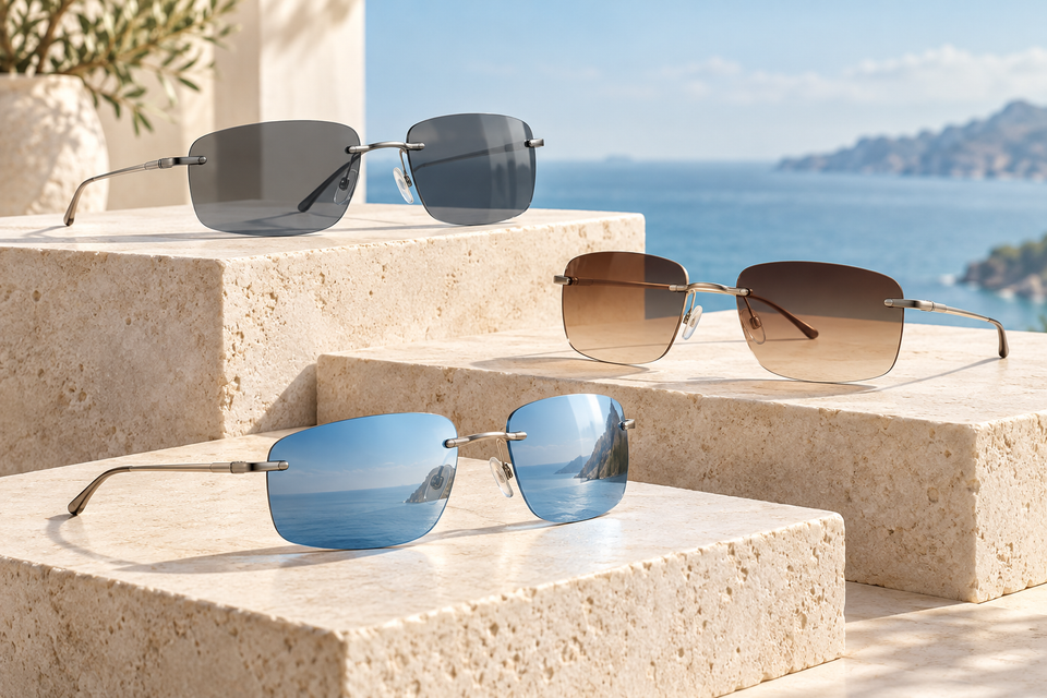 Editorial illustration of three rimless sunglasses with solid, gradient, and mirrored lens finishes.