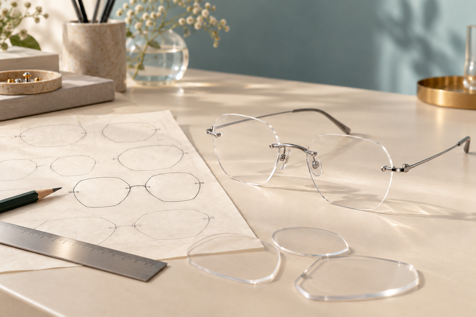 Editorial illustration of custom lens-shape sketches beside finished rimless glasses and clear lens templates.