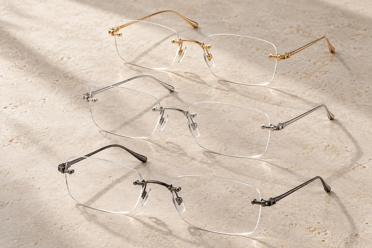 AI-generated editorial illustration of three rimless eyeglasses with gold, silver and gunmetal hardware on a pale stone surface; not actual products.