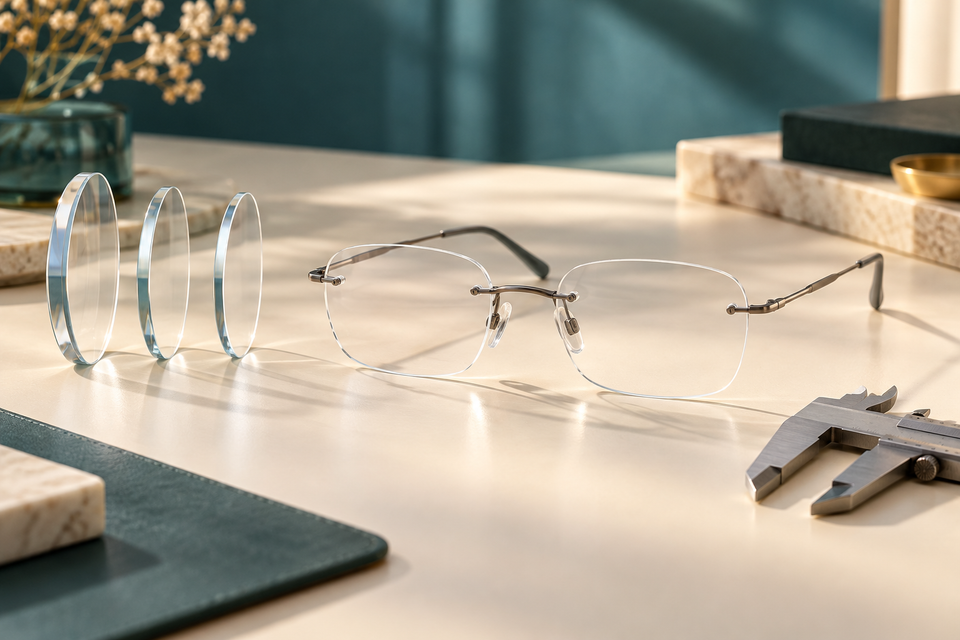 Editorial illustration of rimless glasses beside three clear lens samples with different edge thicknesses and a precision caliper.