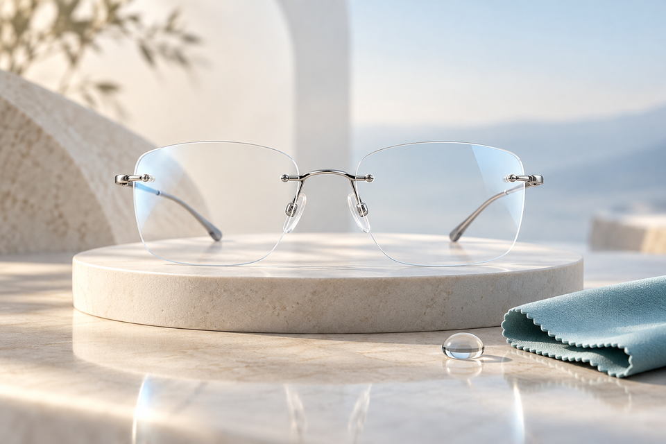 Editorial illustration of clear rimless glasses with subtle lens reflections, a water droplet, and a microfiber cloth.