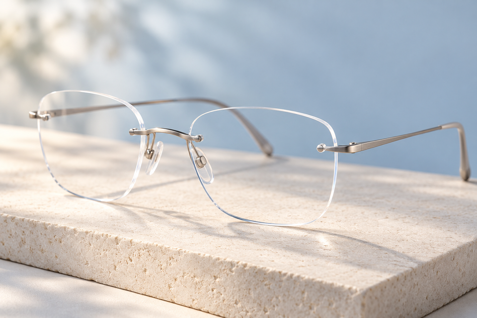 Conceptual editorial close-up of silver rimless glasses with exposed clear lens edges on an ivory stone surface.