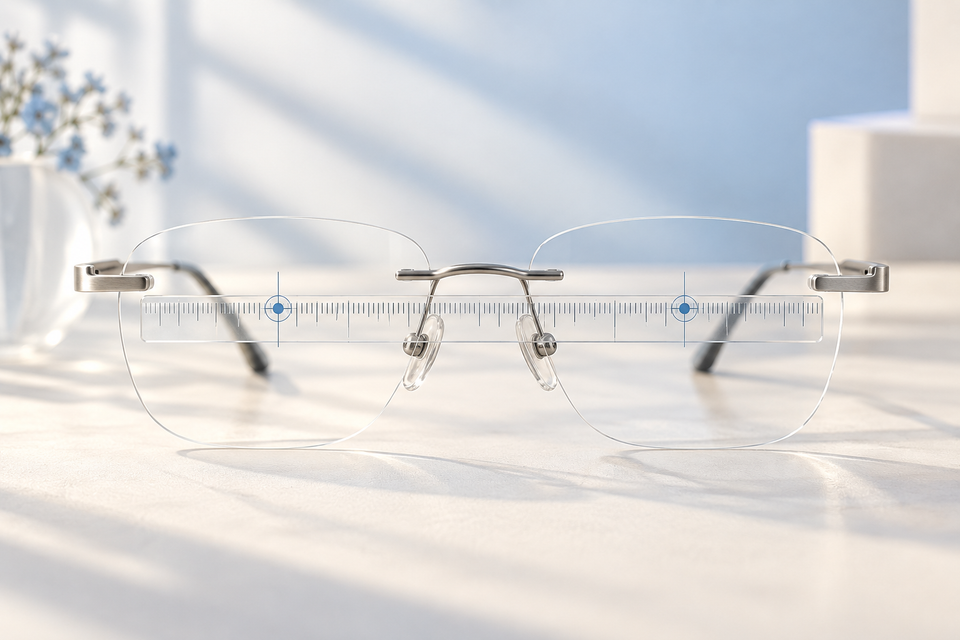 Editorial illustration of rimless glasses with optical center markers and a pupillary-distance measuring guide.