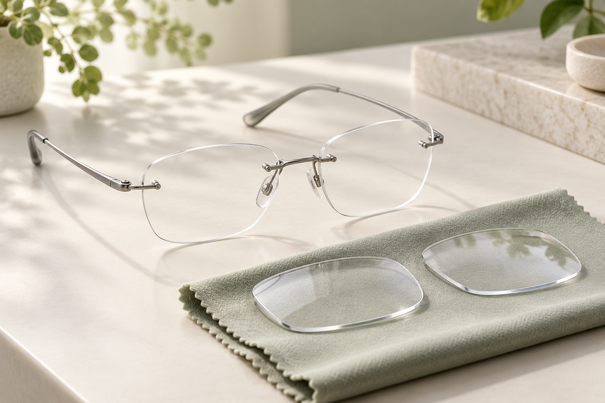 Conceptual editorial image of silver rimless glasses beside two clear replacement lens shapes on a sage microfiber cloth.