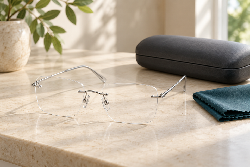 Editorial illustration of silver rimless glasses beside a teal microfiber cloth and a protective case on an ivory tabletop.
