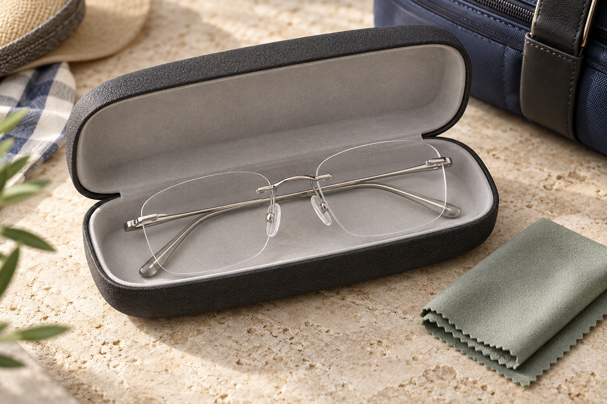 AI-generated editorial illustration of silver rimless glasses in an open hard-shell case beside a sage microfiber cloth and travel bag; not actual products.