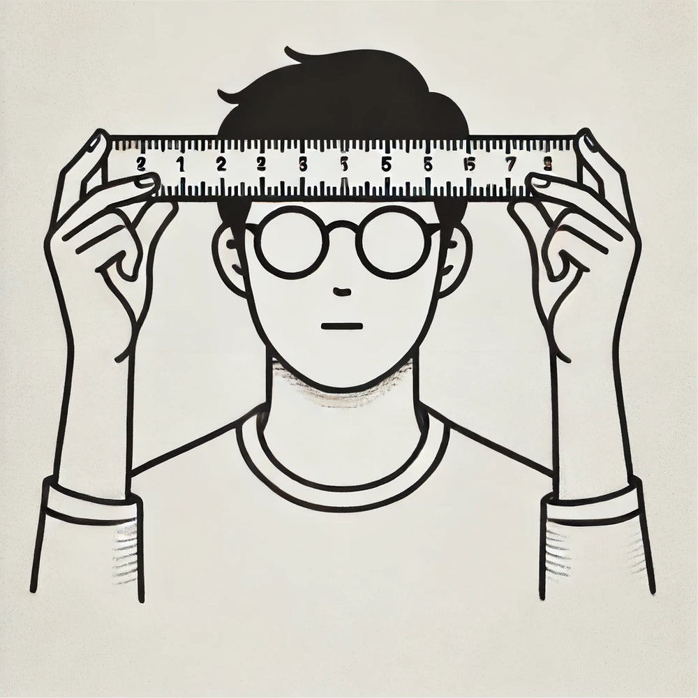 Ruler held horizontally across the forehead just above the eyeglasses