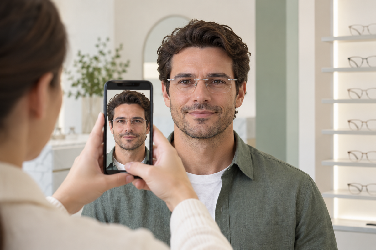 Straight-on photo of a man wearing glasses to help compare fit