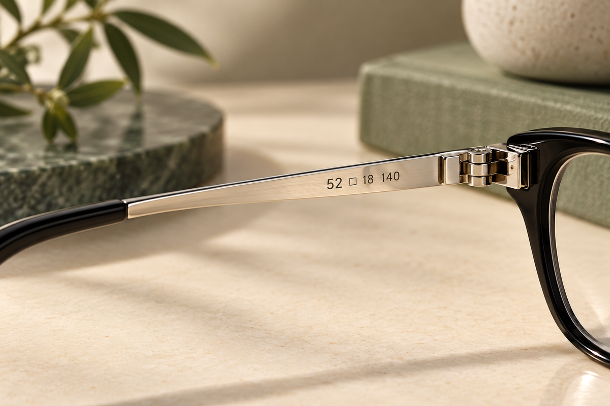 Lens, bridge and temple measurements engraved inside a glasses arm