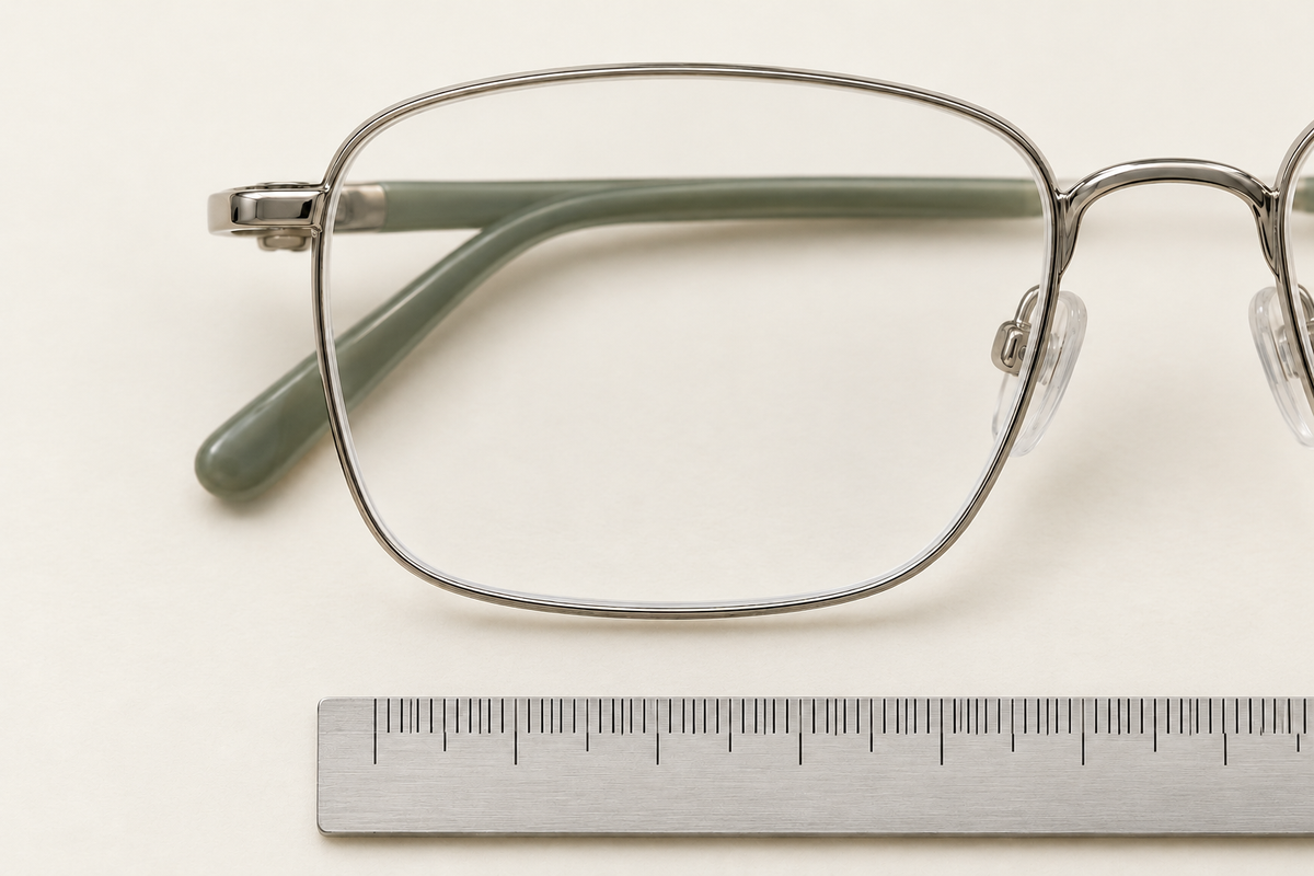 Eyeglasses and a millimetre ruler for measuring a single lens