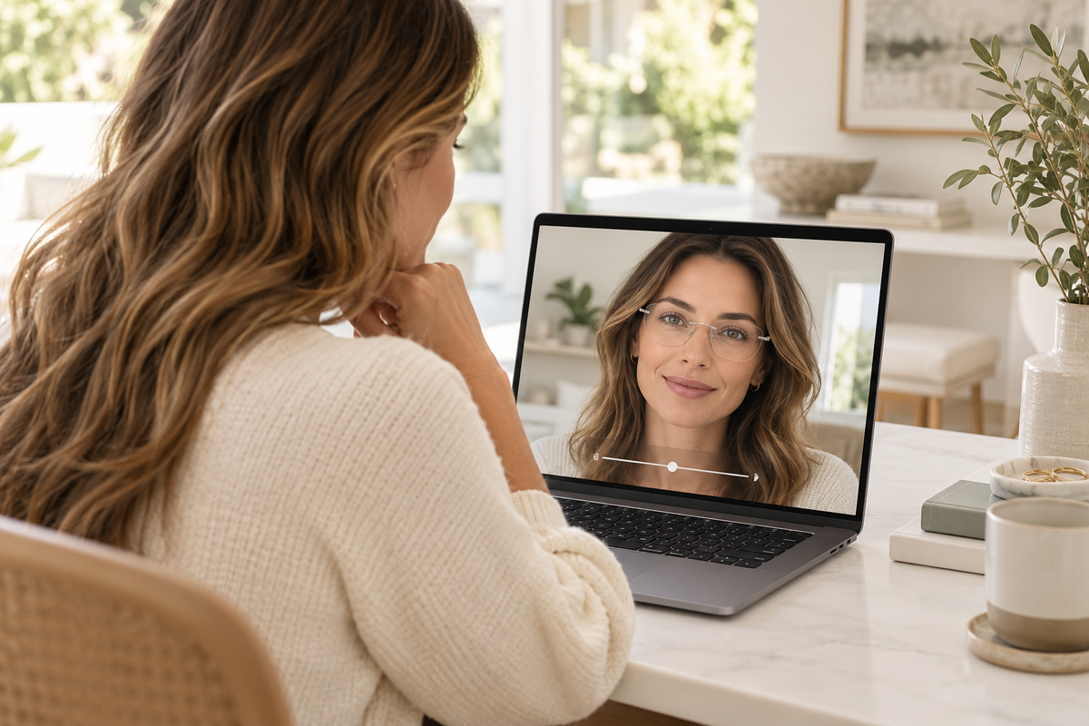 Woman comparing rimless glasses using a laptop camera