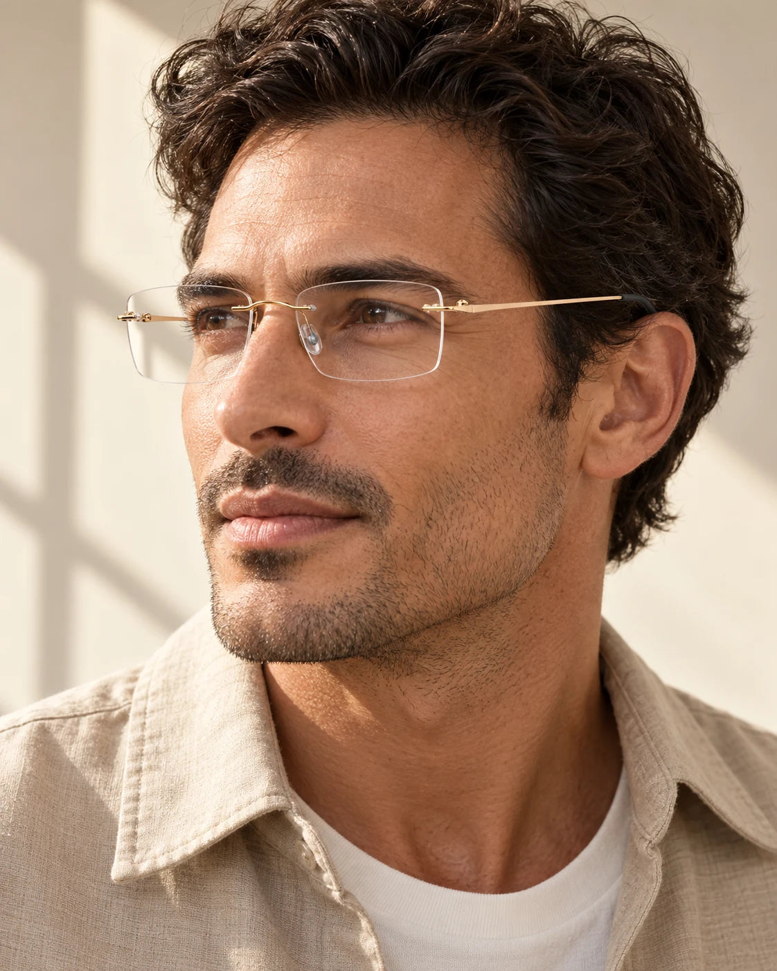 Man wearing Gold B2B Titanium with clear lenses — AI styling preview