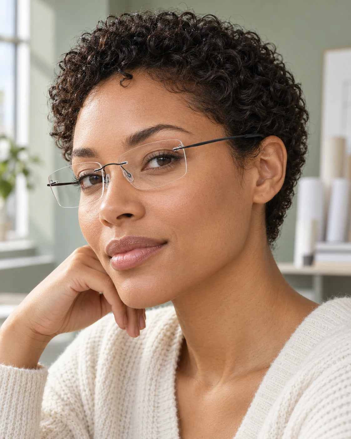 Woman wearing Black B2B Titanium with clear lenses — AI styling preview