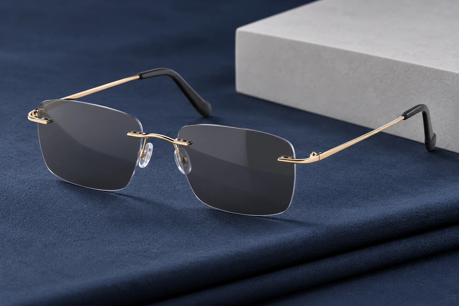 Gold B2B Titanium with smoke-grey sunglass lenses — AI styling preview