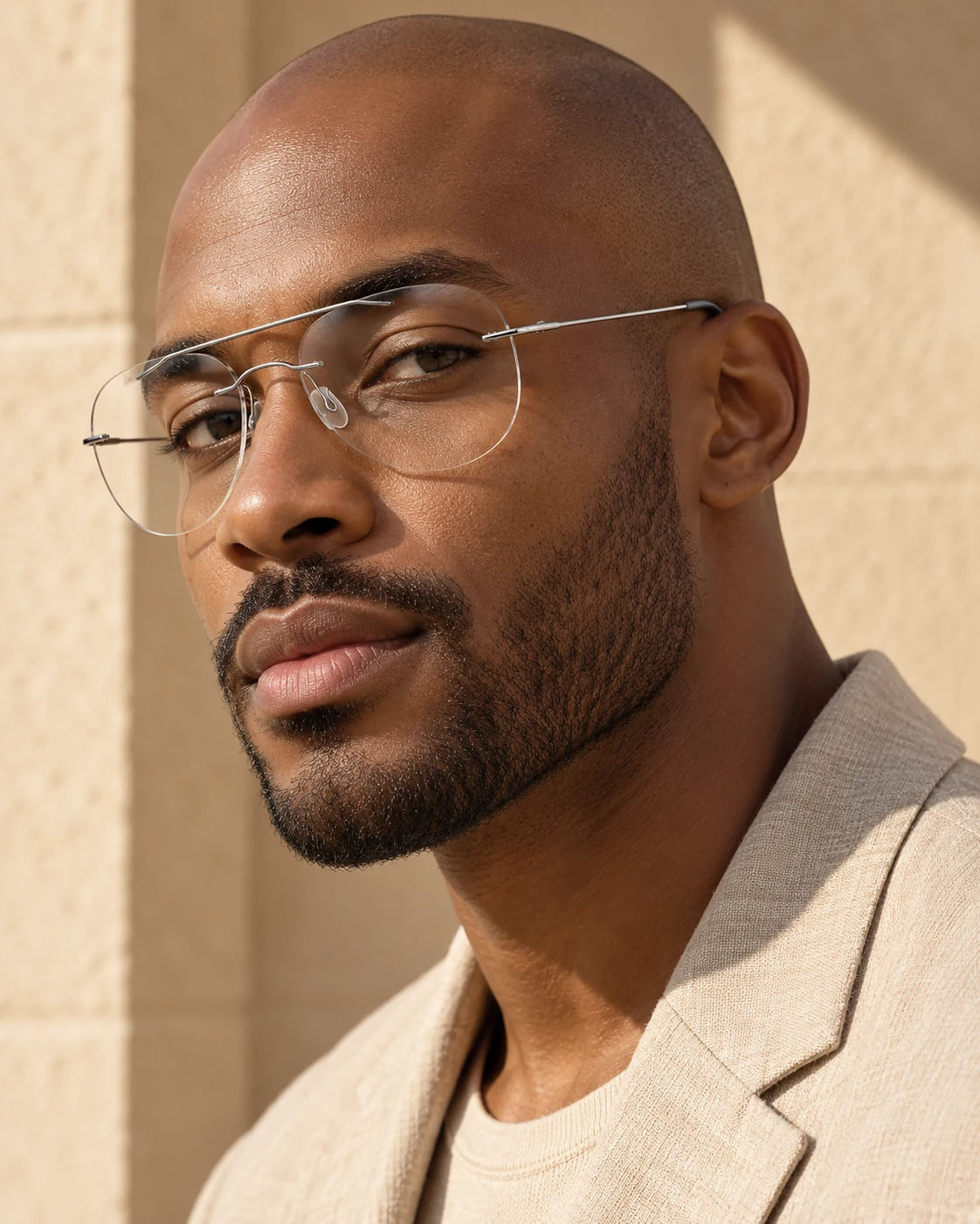 Man wearing Silver Double Bridge Titanium with clear lenses — AI styling preview