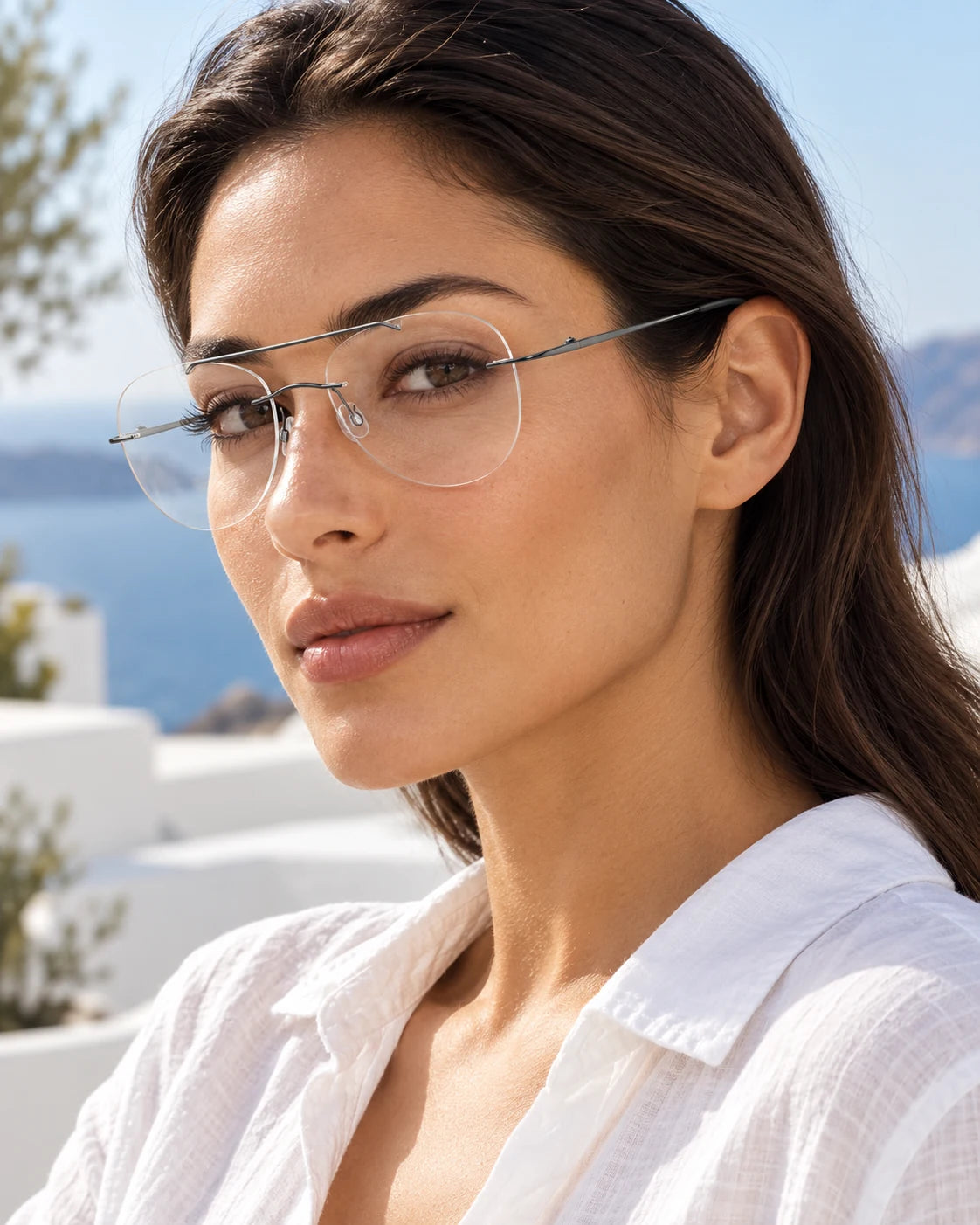 Woman wearing Gunmetal Double Bridge Titanium with clear lenses — AI styling preview