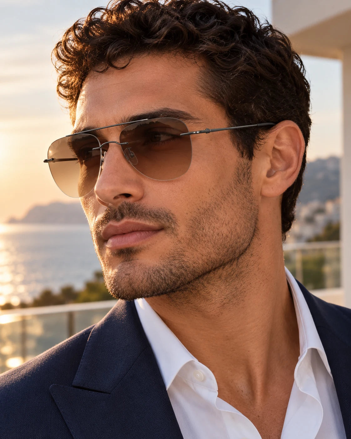 Professional wearing Gunmetal Double Bridge Titanium sunglasses — AI styling preview