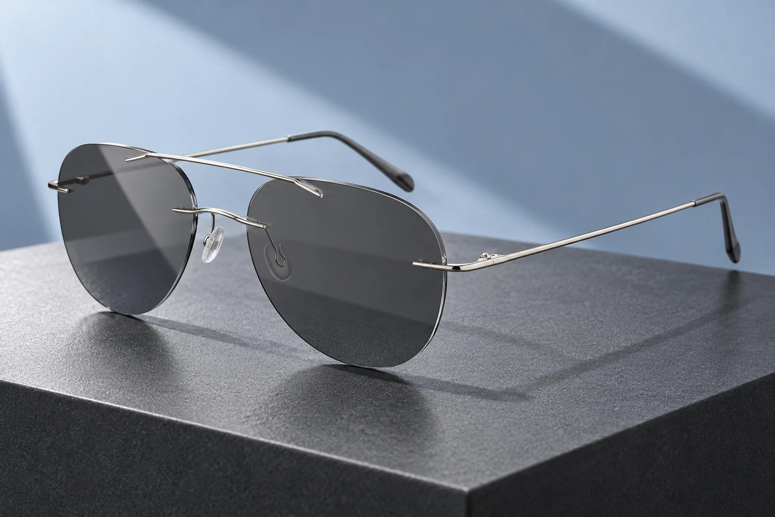 Silver Double Bridge Titanium with smoke-grey sunglass lenses — AI styling preview