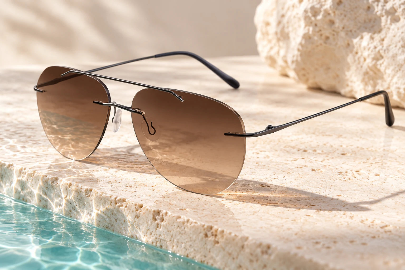 Gunmetal Double Bridge Titanium with brown gradient sunglass lenses — AI styling preview