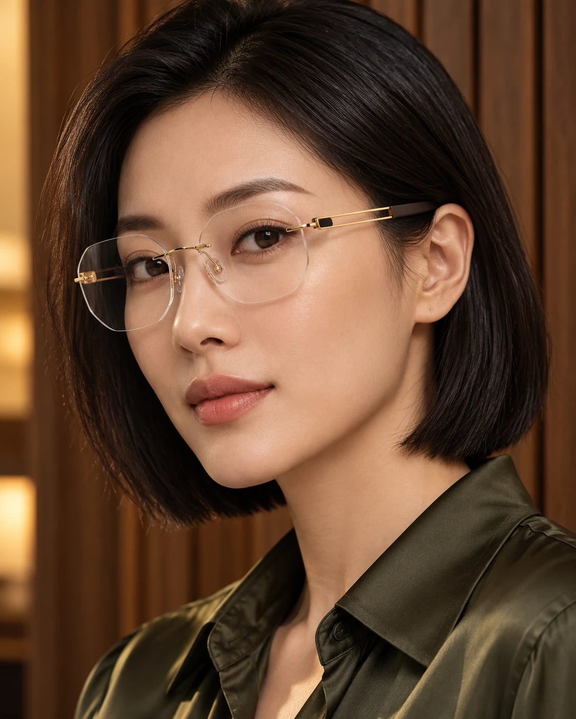 Woman wearing Gold Titanium Elite 16078 with clear lenses — AI styling preview