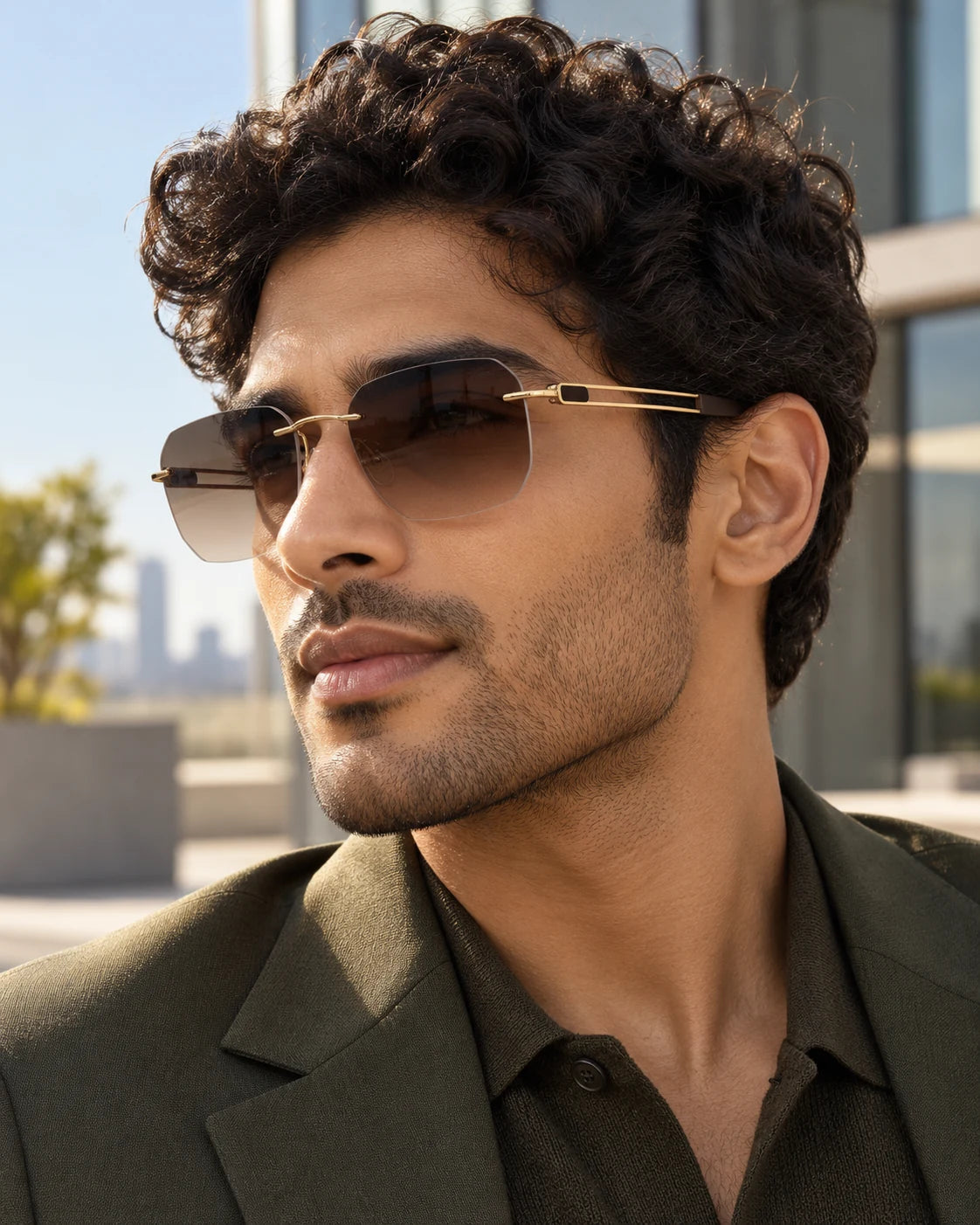 Professional wearing Gold Titanium Elite 16078 sunglasses — AI styling preview