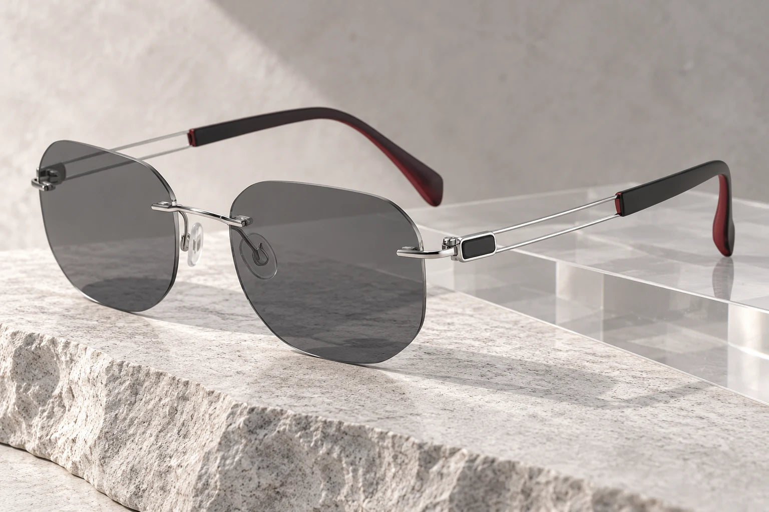 Silver Titanium Elite 16078 with smoke-grey sunglass lenses — AI styling preview