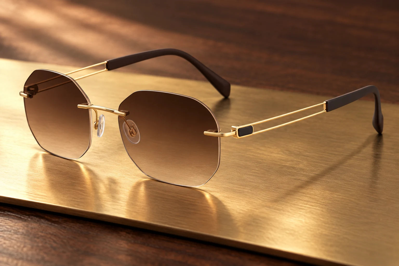 Gold Titanium Elite 16078 with brown gradient sunglass lenses — AI styling preview