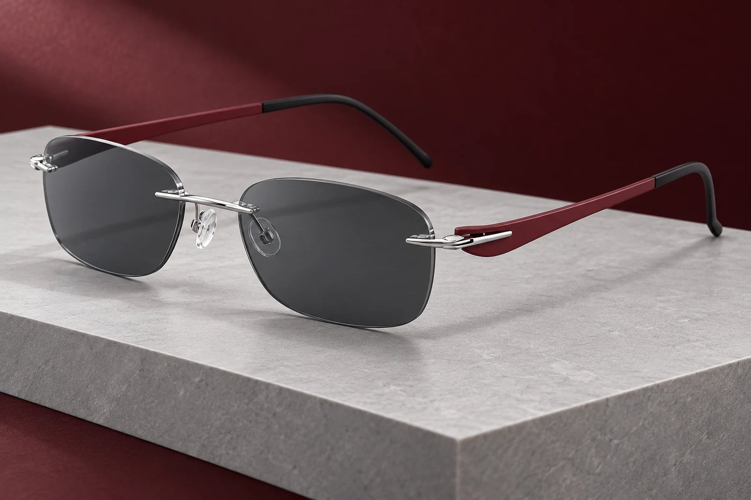 Red Wine Titanium Elite 5003 with smoke-grey sunglass lenses — AI styling preview