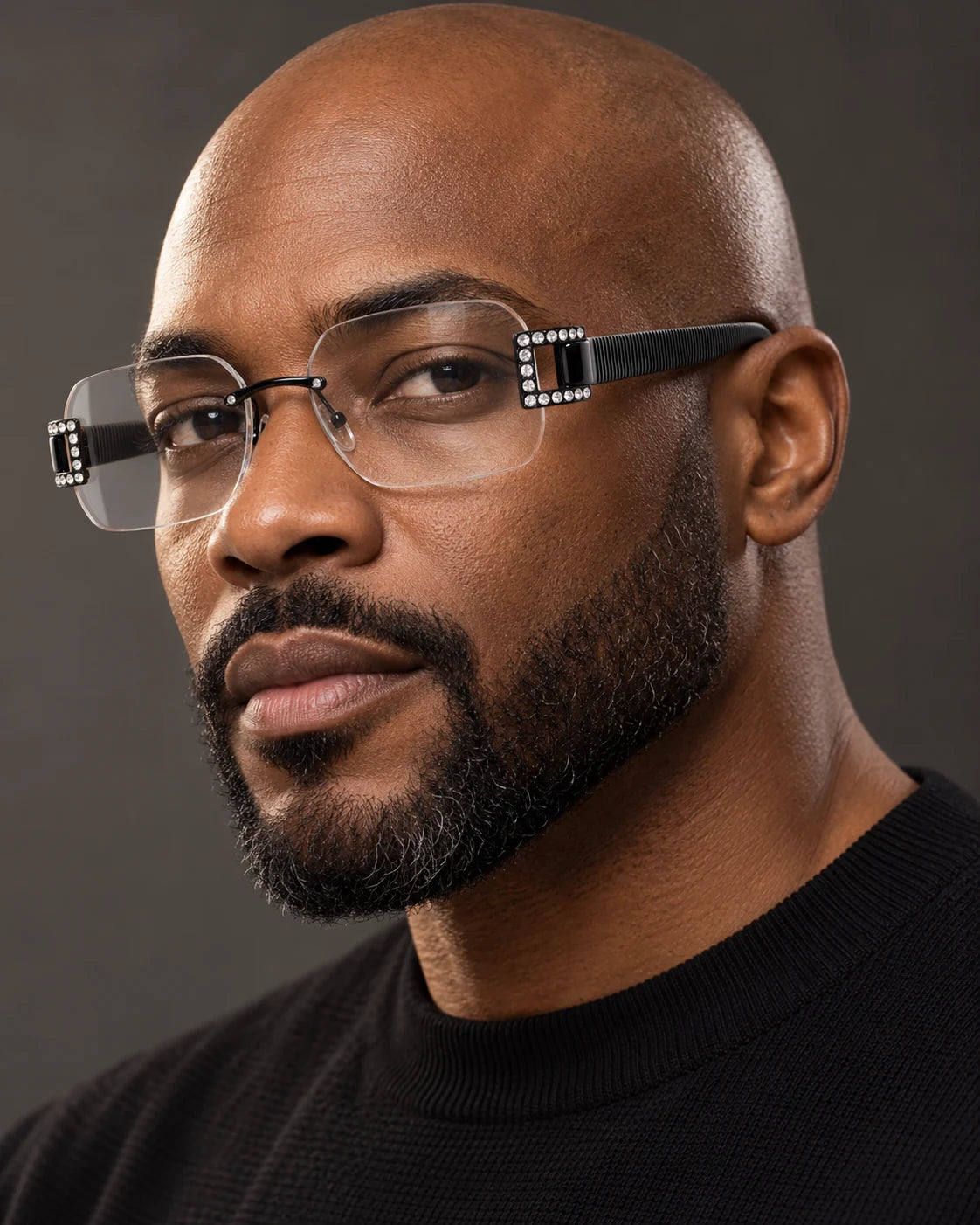 Man wearing Black Noble Luxe with clear lenses — AI styling preview