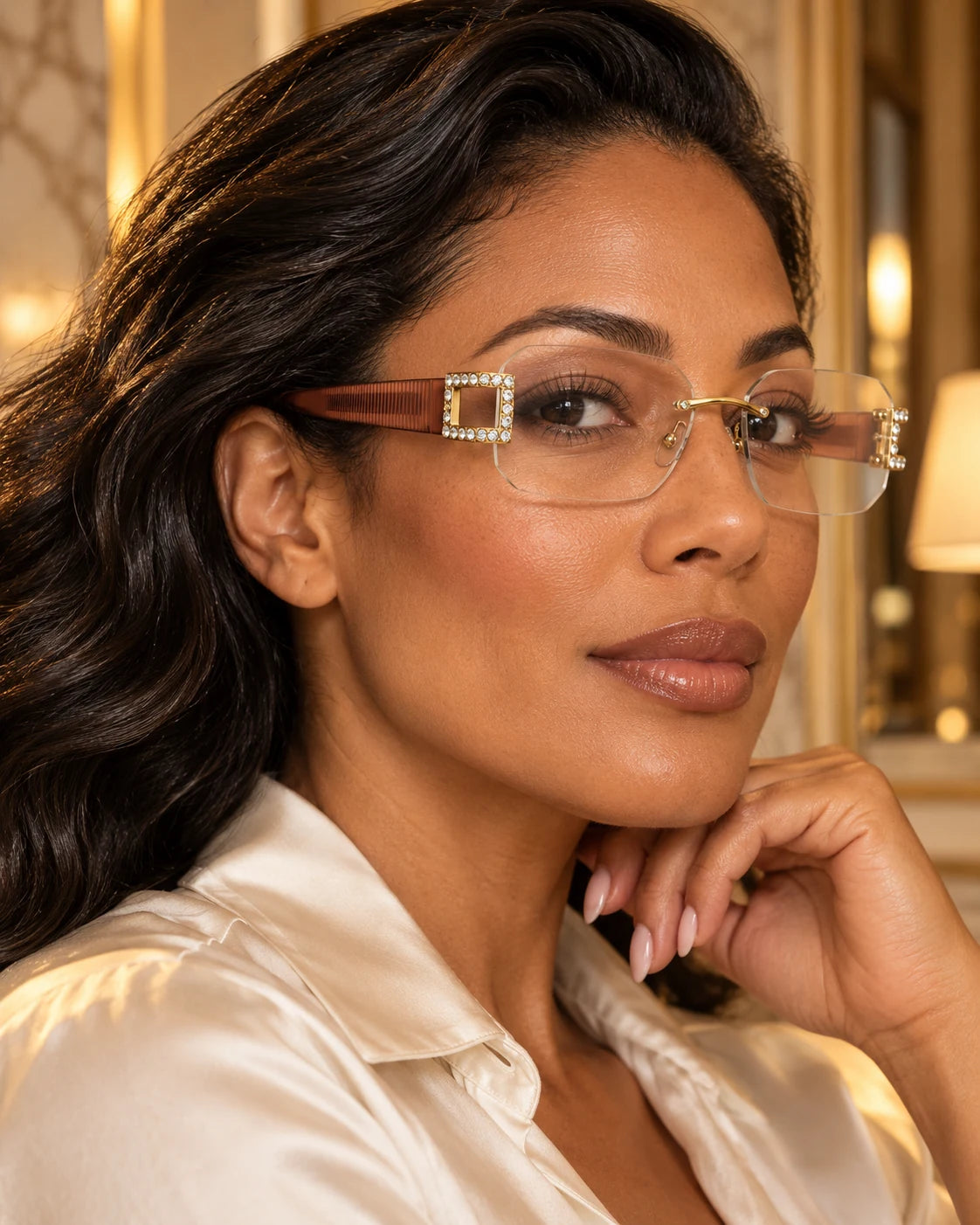 Woman wearing Gold / Light Brown Noble Luxe with clear lenses — AI styling preview