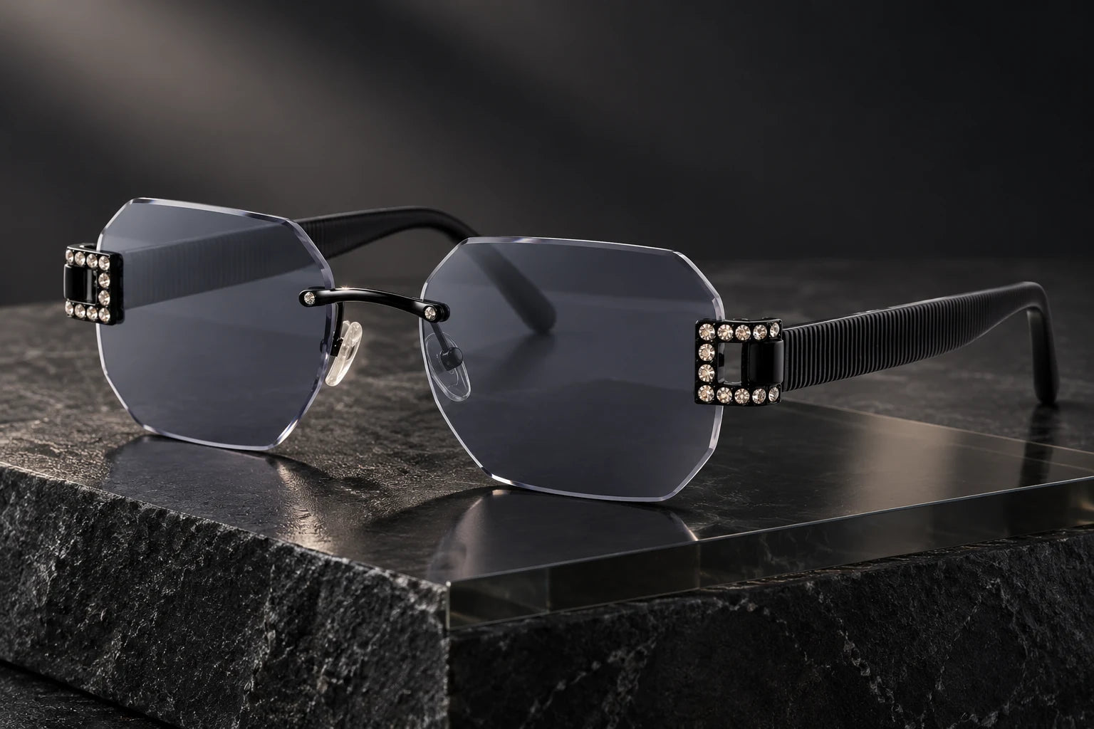 Black Noble Luxe with smoke-grey sunglass lenses — AI styling preview