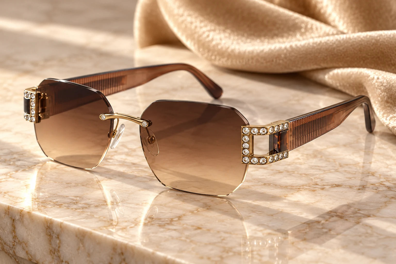 Gold / Light Brown Noble Luxe with brown gradient sunglass lenses — AI styling preview