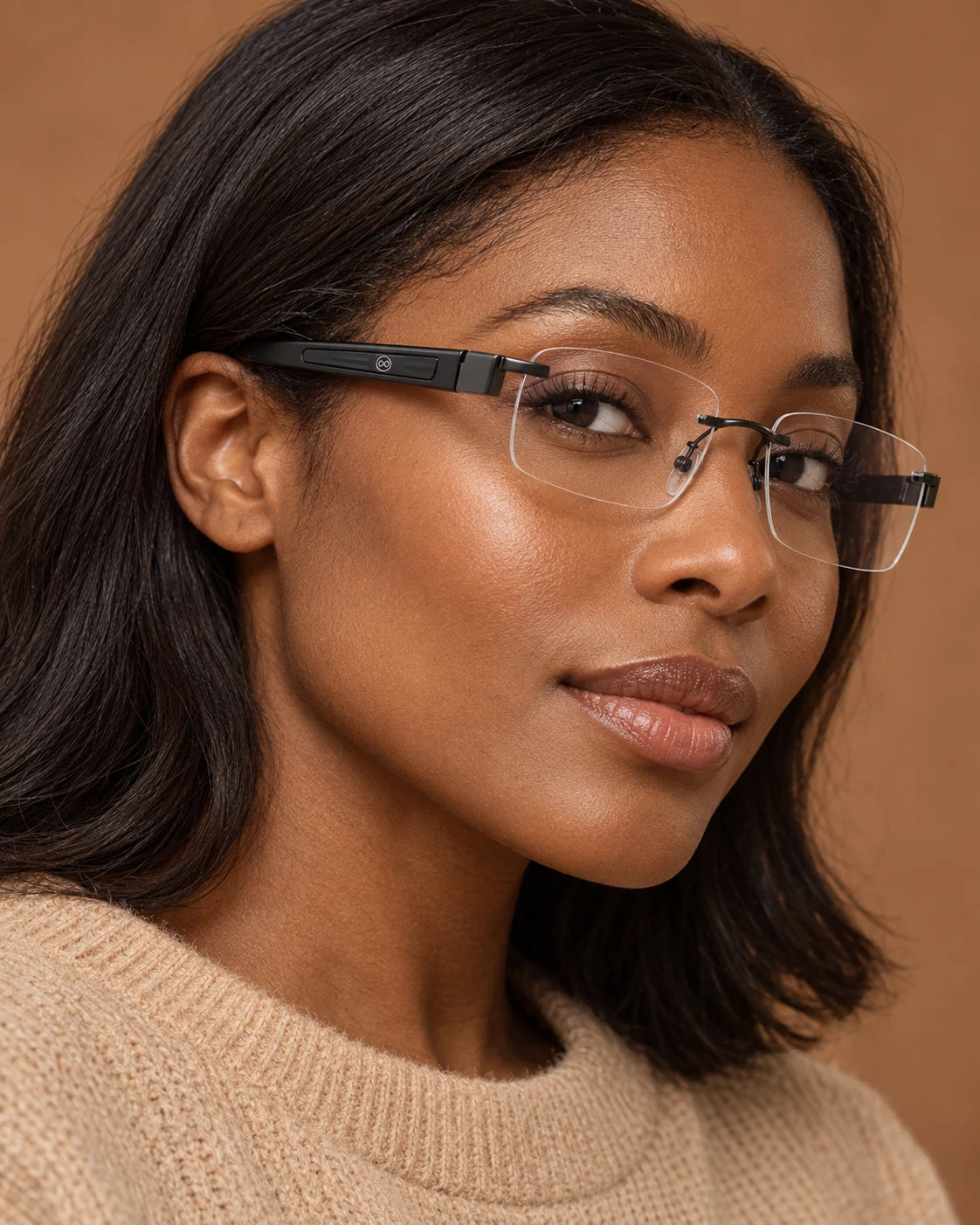 Woman wearing Black Rec-Top with clear lenses — AI styling preview