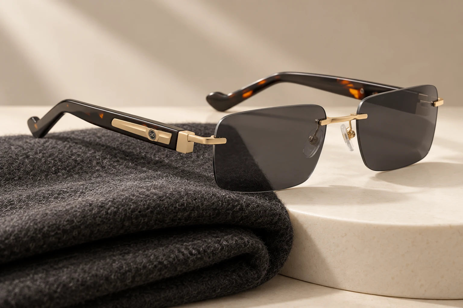 Gold Rec-Top with smoke-grey sunglass lenses — AI styling preview