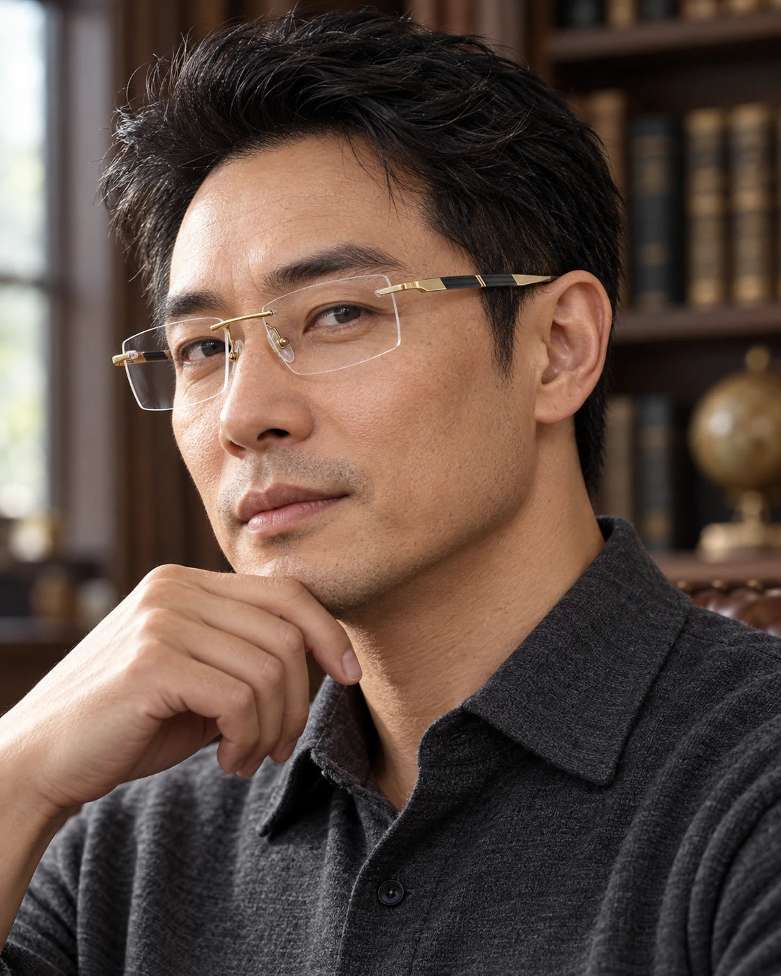 Man wearing Gold YJ2201 with clear lenses — AI styling preview