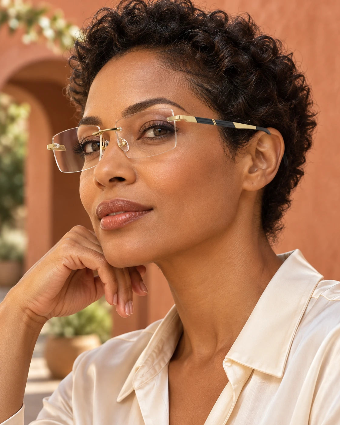 Woman wearing Gold YJ2201 with clear lenses — AI styling preview