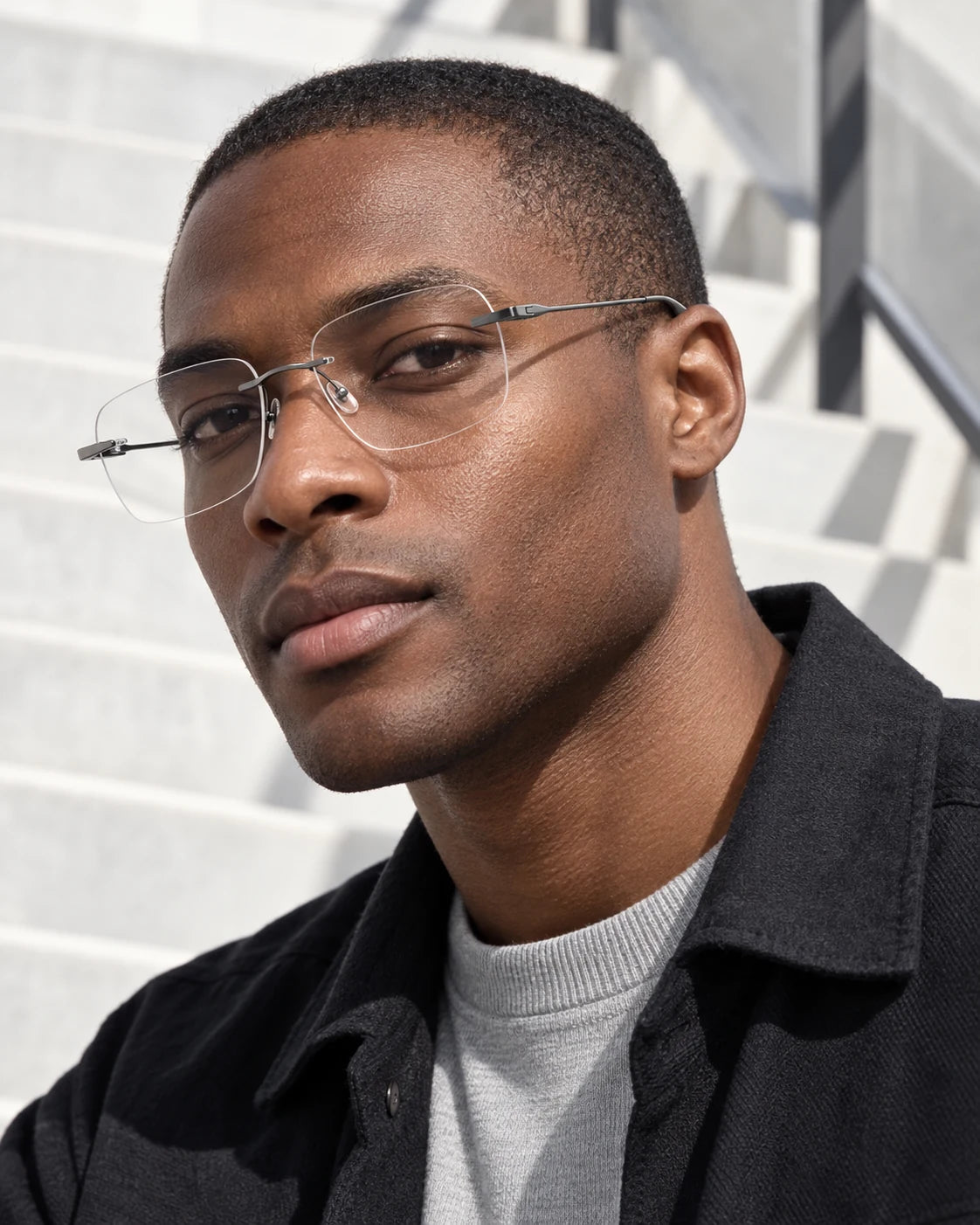 Man wearing Gunmetal YJ2204 with clear lenses — AI styling preview
