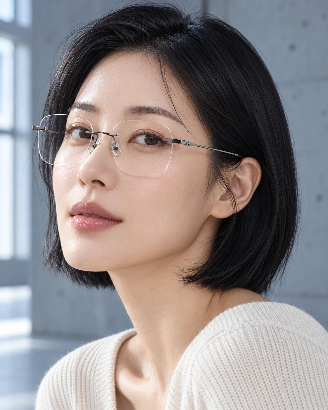 Woman wearing Gunmetal YJ2204 with clear lenses — AI styling preview