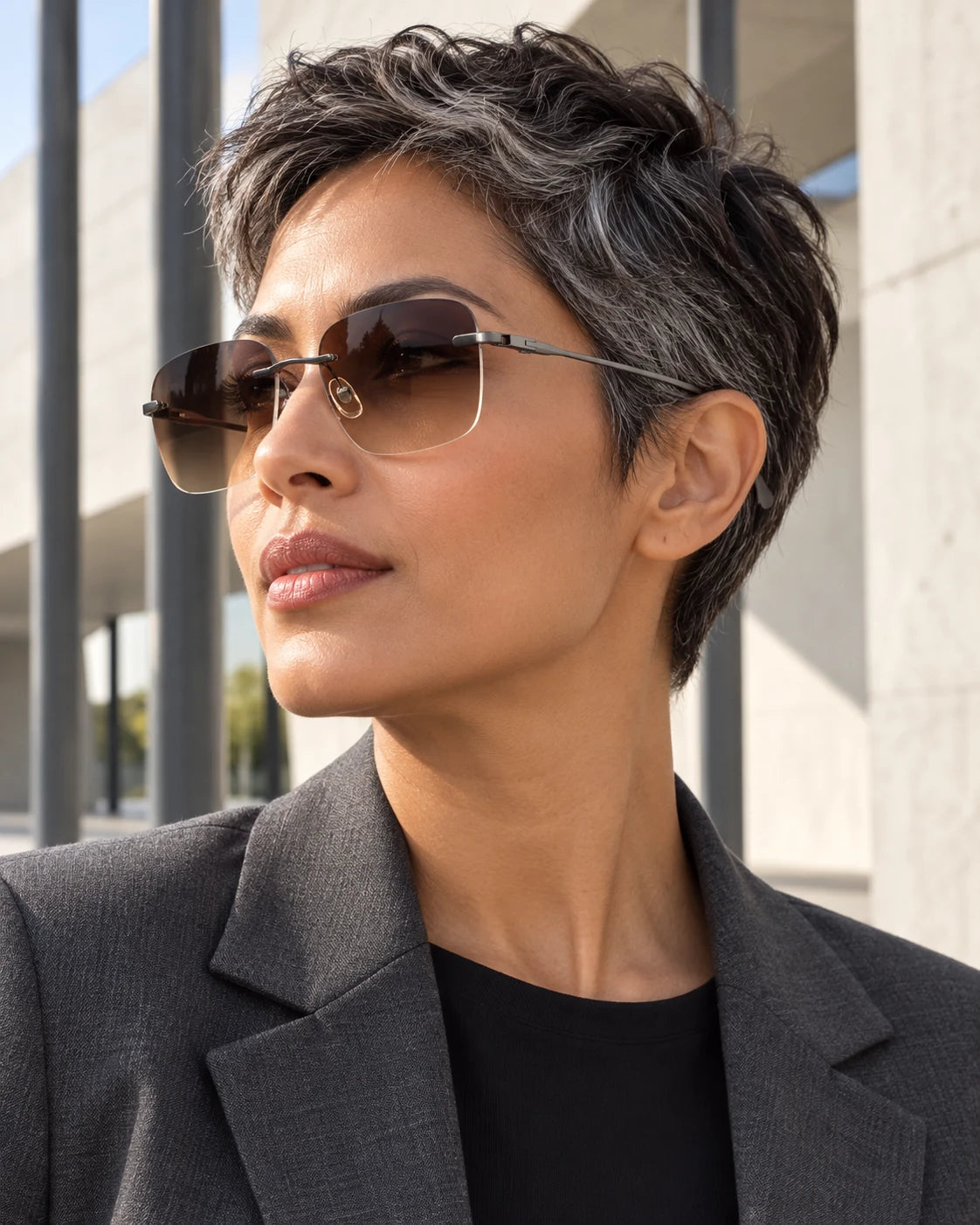 Professional wearing Gunmetal YJ2204 sunglasses — AI styling preview