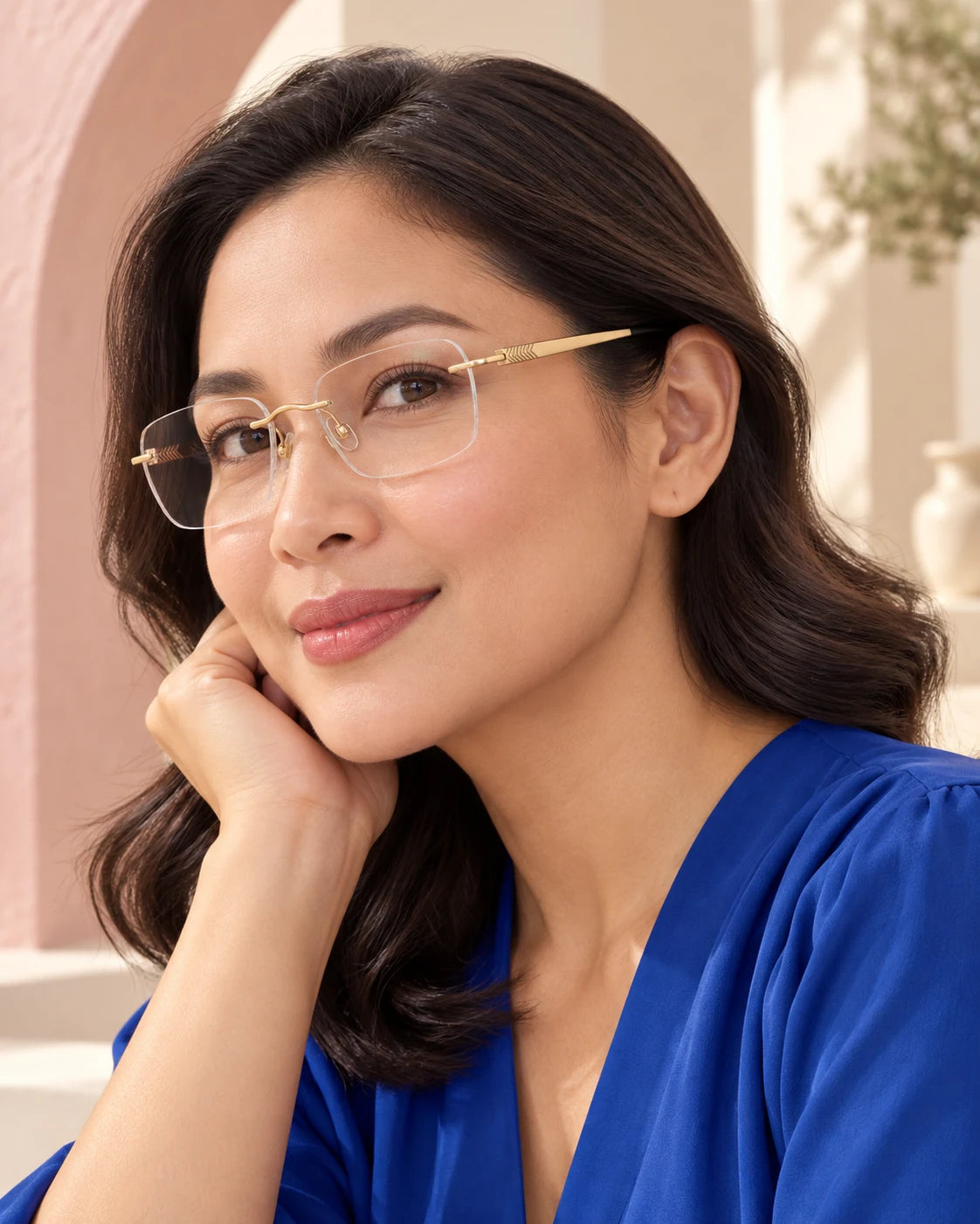 Woman wearing Gold YJ2325 with clear lenses — AI styling preview