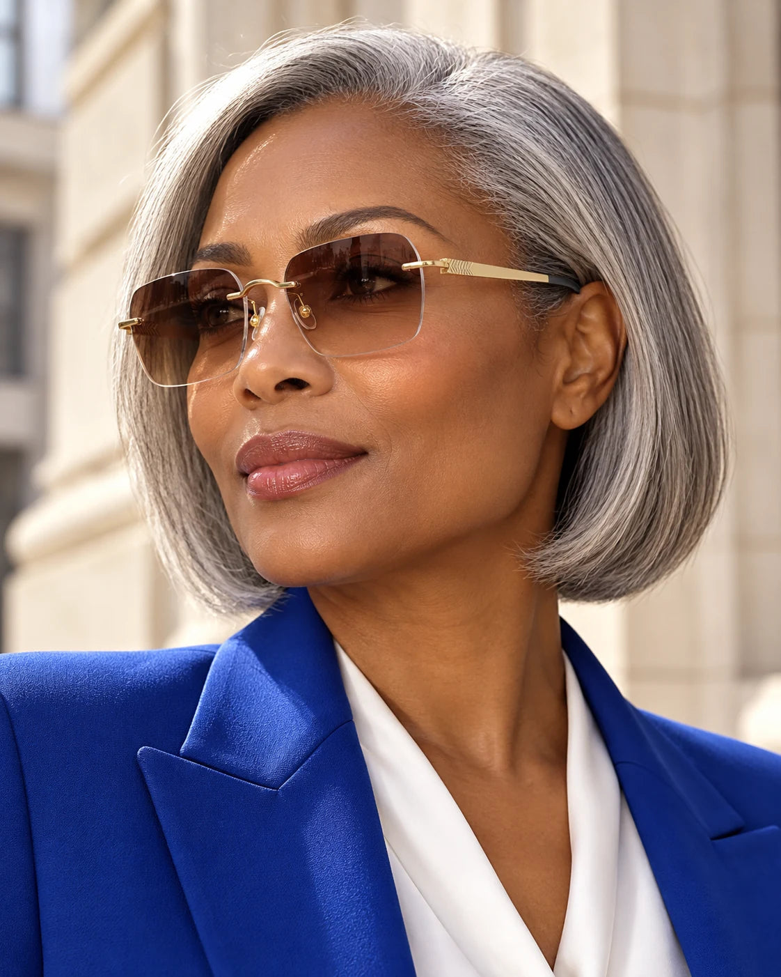 Professional wearing Gold YJ2325 sunglasses — AI styling preview