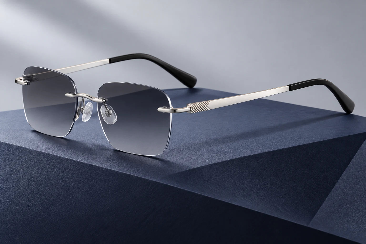 Silver YJ2325 with smoke-grey sunglass lenses — AI styling preview