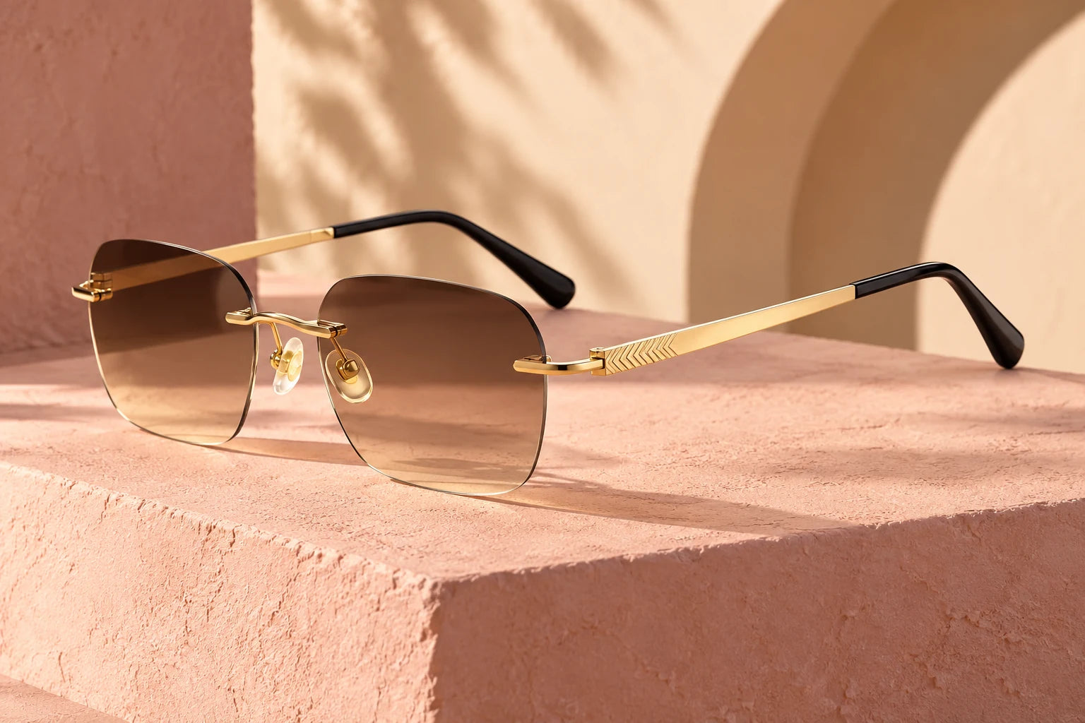 Gold YJ2325 with brown gradient sunglass lenses — AI styling preview