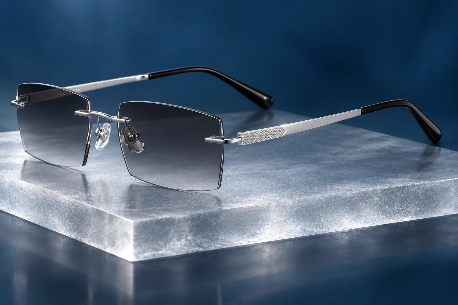 Silver YJ2326 with smoke-grey sunglass lenses — AI styling preview