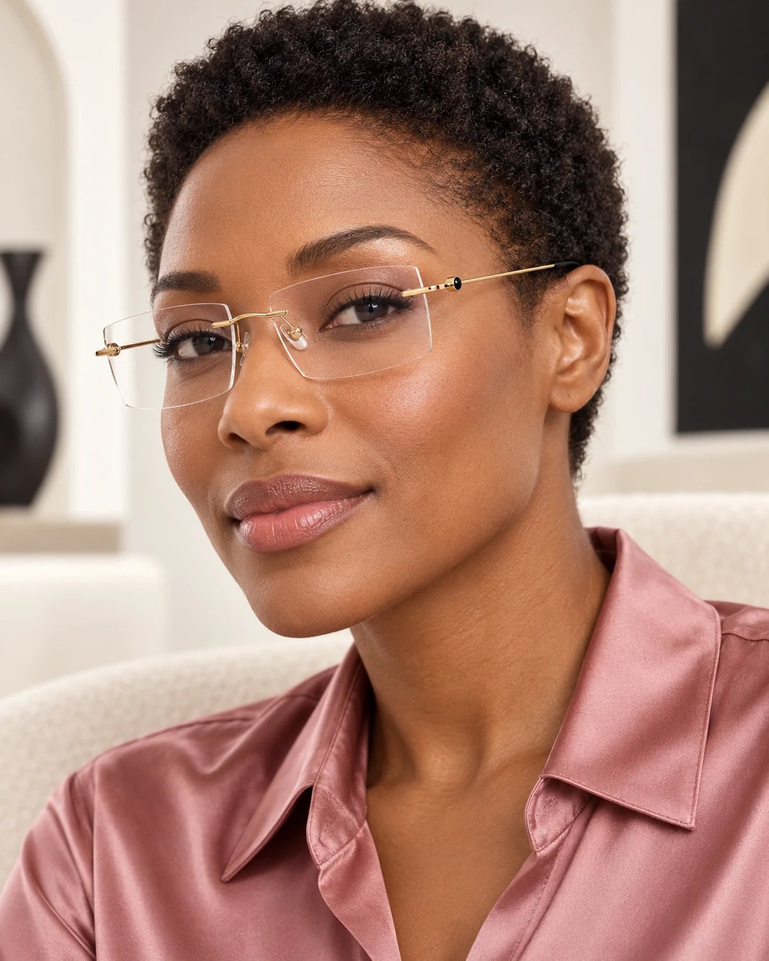 Woman wearing Gold YJ2342 with clear lenses — AI styling preview