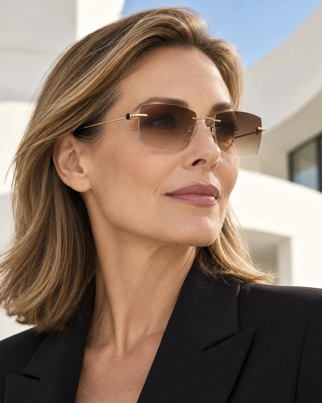 Professional wearing Gold YJ2342 sunglasses — AI styling preview