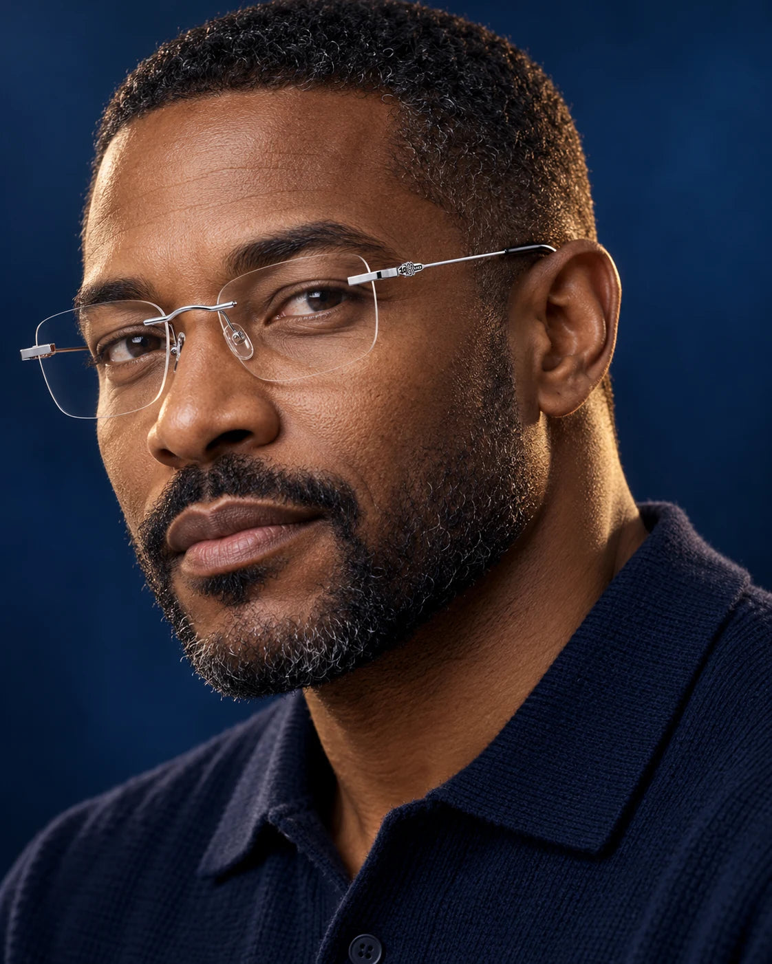 Man wearing Silver YJ2344 with clear lenses — AI styling preview